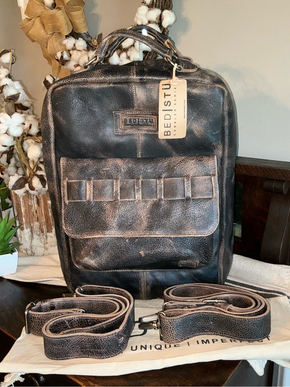 NWT Bed Stu Unisex Leather Kamet Backpack Laptop Bag Black Lux MSRP $599